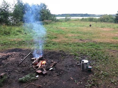 Camping fire at Korobozha lake, Novgorod region