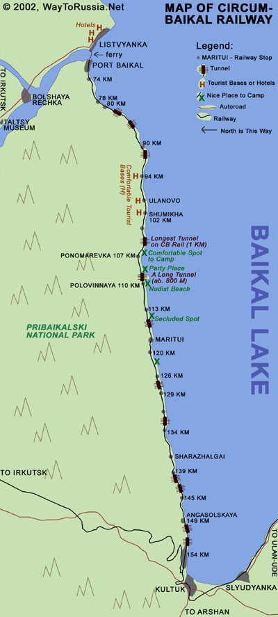 Map of Circum Baikal railway, by WayToRussia.Net